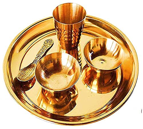pujaparv Pure Brass Pooja Bhog Thali/Plate Set for Home Temple Decor Brass set of 5 pcs (1 pcs pooja plate,1 pcs spoon,2 pcs katori, 1 pcs glass)(4x4 inch)