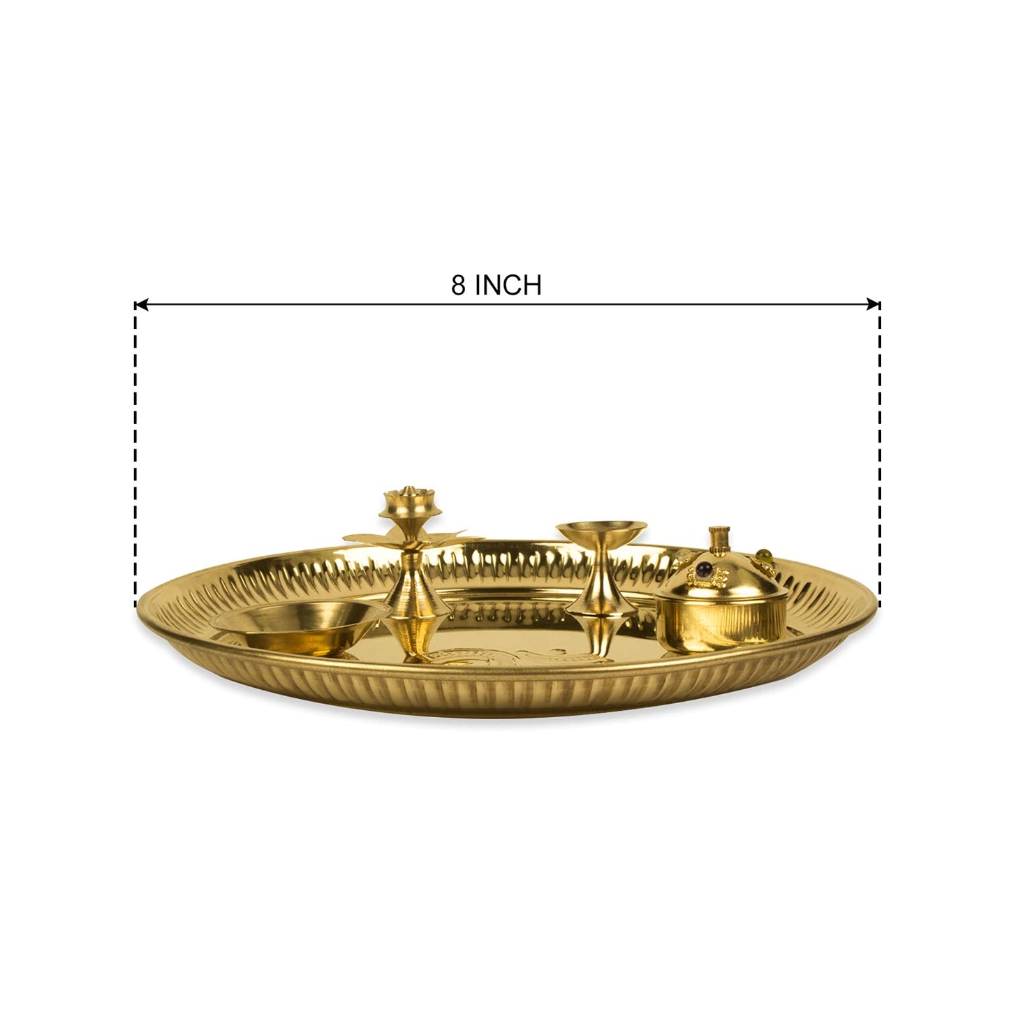 pujaparv Om Engraved Puja Thali Set with Agarbatti Holder, Aarti Diya, Akshat Holder and Kumkum Holder (8 Inch, Gold)