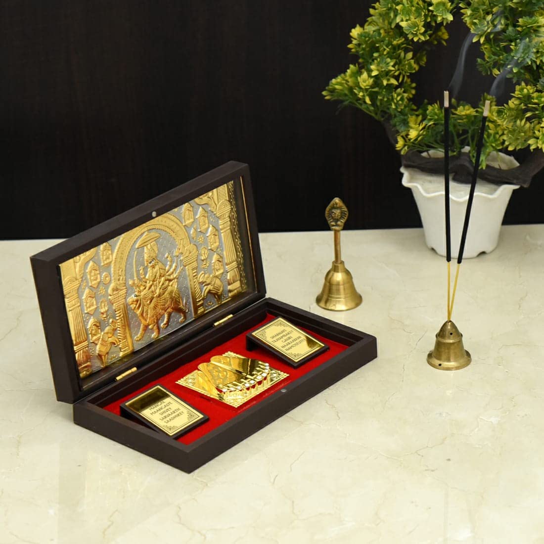 pujaparv Gold Plated Jai Mata Di Charan Paduka Box With Footprint