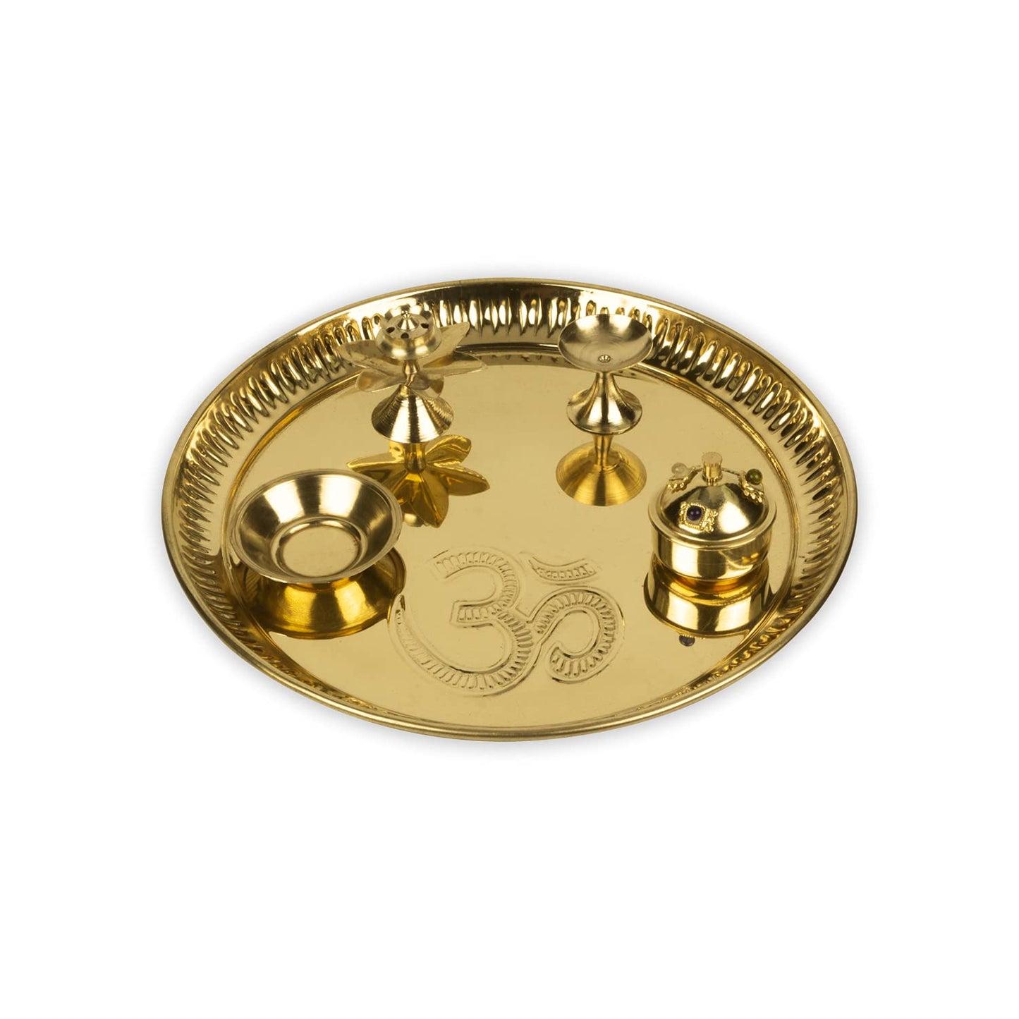 pujaparv Om Engraved Puja Thali Set with Agarbatti Holder, Aarti Diya, Akshat Holder and Kumkum Holder (8 Inch, Gold)