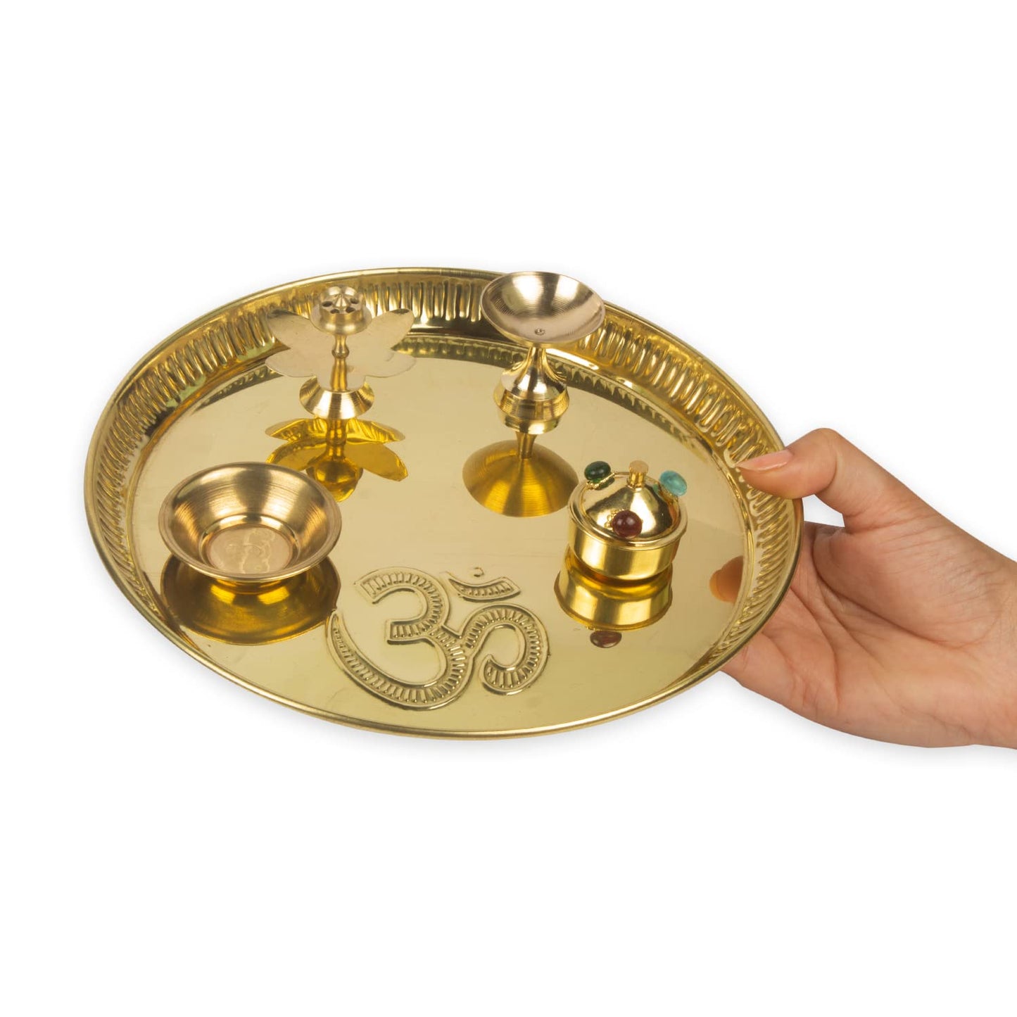 pujaparv Om Engraved Puja Thali Set with Agarbatti Holder, Aarti Diya, Akshat Holder and Kumkum Holder (8 Inch, Gold)