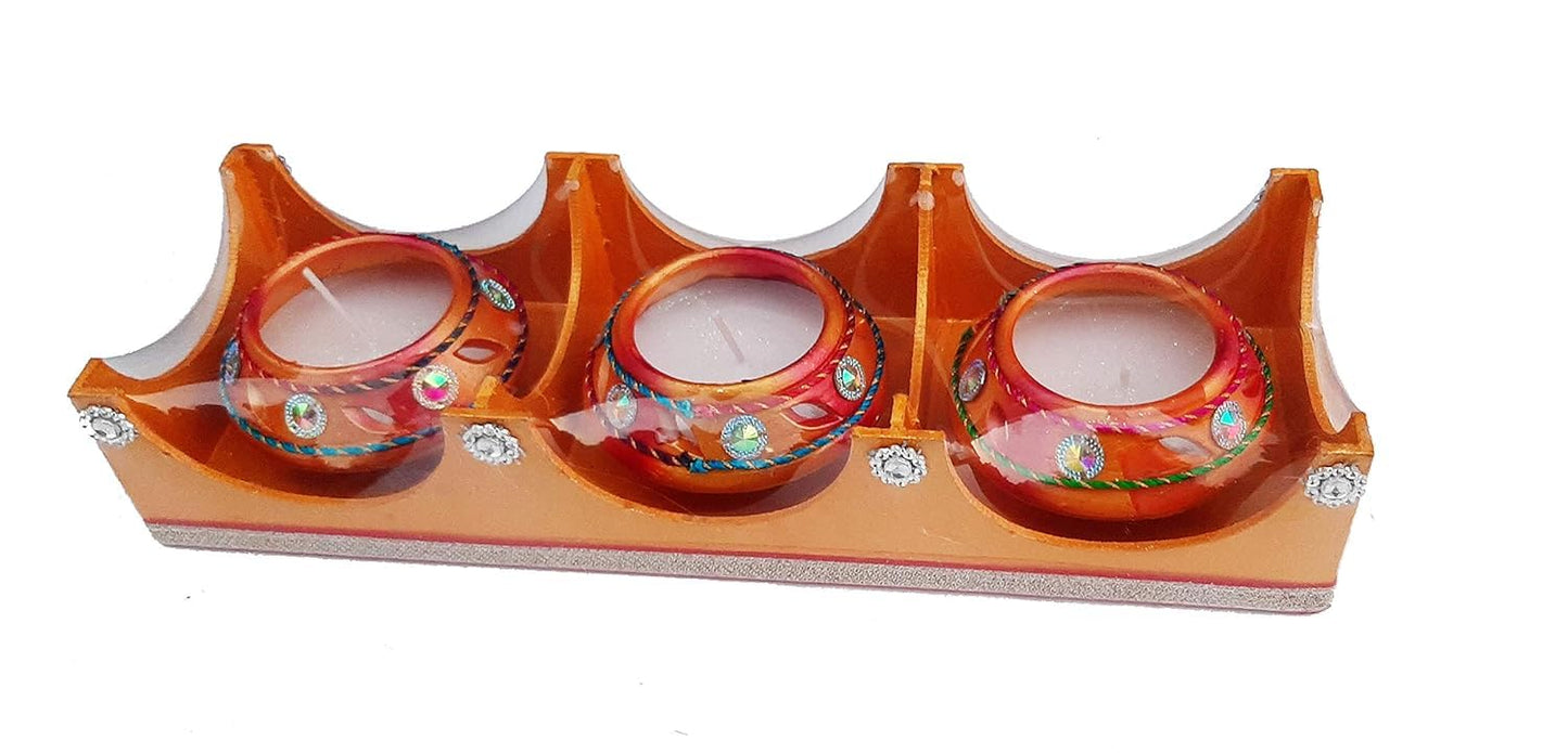 pujaparv Set of 3 Wax Filled Big Matka Shape Decorated Terracotta Handmade Traditional Clay Mitti Diya Candle Pooja Diya for Diwali, Navratri Pooja Diya for Diwali Decoration