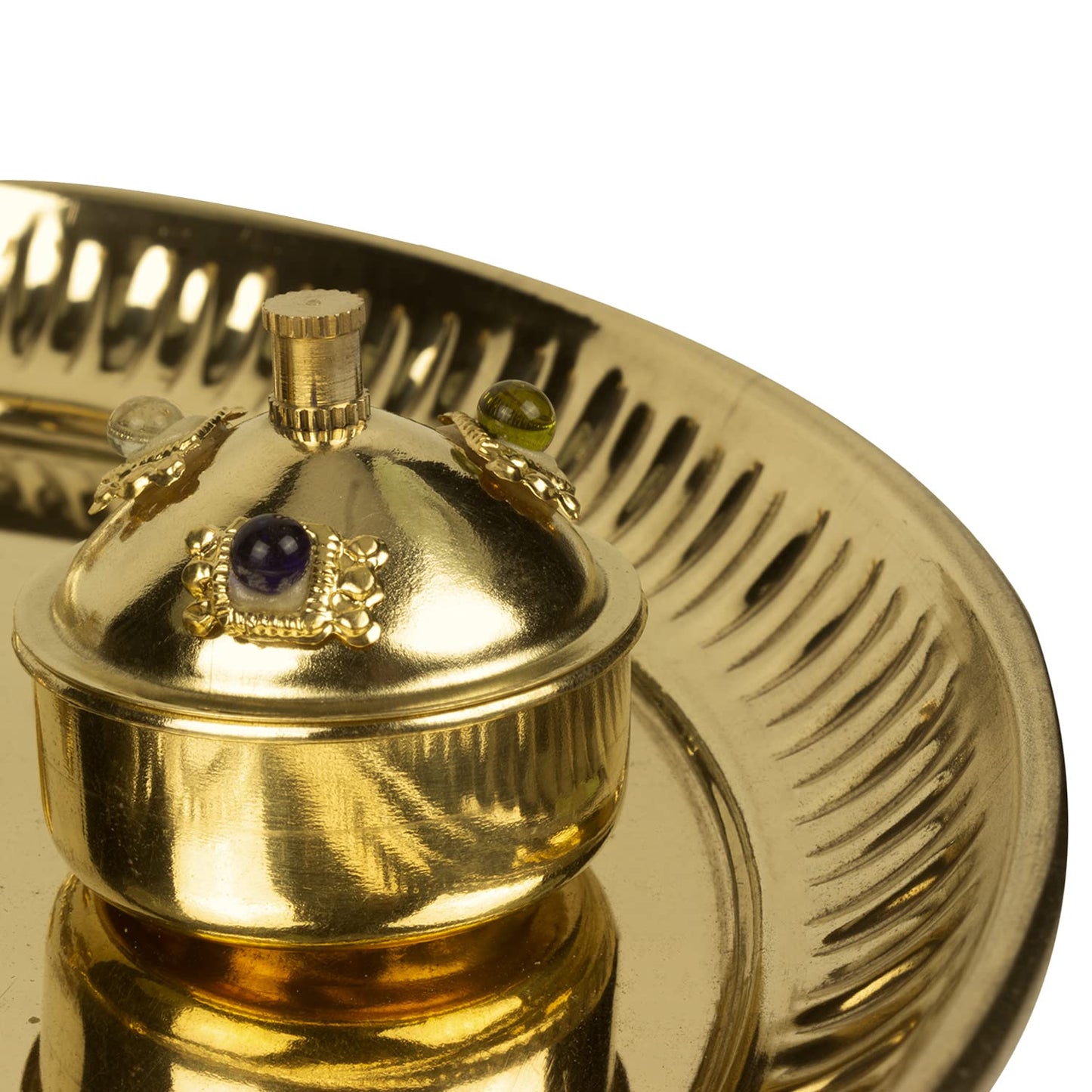 pujaparv Om Engraved Puja Thali Set with Agarbatti Holder, Aarti Diya, Akshat Holder and Kumkum Holder (8 Inch, Gold)