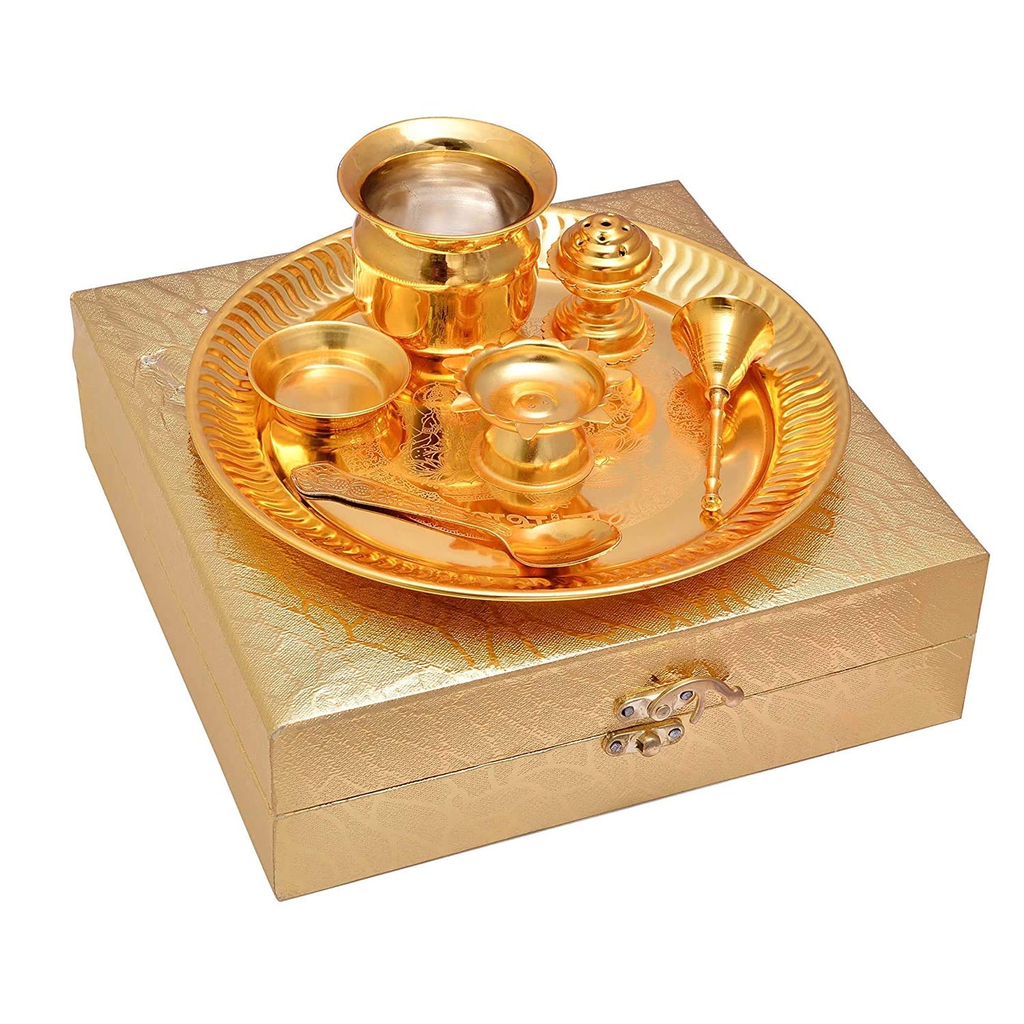 pujaparv Gold Plated Brass Pooja Thali Golden Colour with Golden Box (7 PEC. Golden)