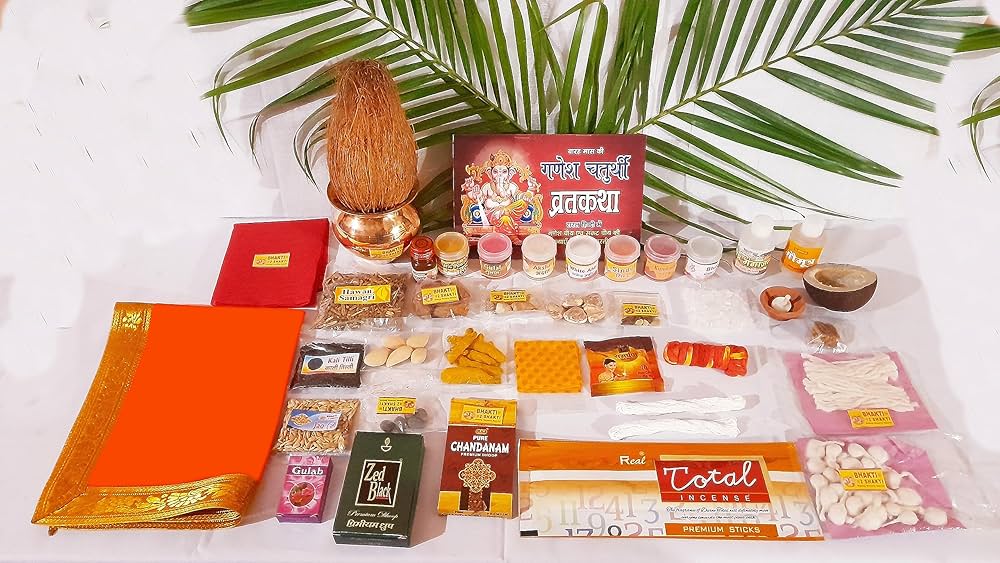 pujaparv Ganesh Puja Samagri Kit for Ganesh Chaturthi With Mitti(Painted Clay) Ganesh Murti(32 items)