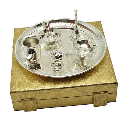 pujaparv Silver Plated Brass Pooja Thali Silver Colour with  Golden Box (7 PEC. Silver)
