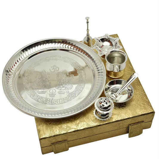 pujaparv Silver Plated Brass Pooja Thali Silver Colour with  Golden Box (7 PEC. Silver)